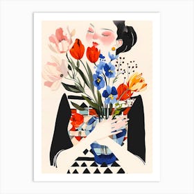 woman holding flowers modern feminine Art Print