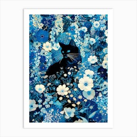 Black Cat In Blue Flowers 7 Art Print