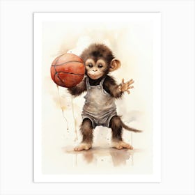 Monkey Painting Playing Basketball Watercolour 4 Art Print