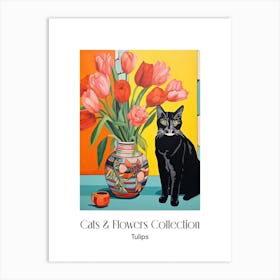Cats & Flowers Collection Tulip Flower Vase And A Cat, A Painting In The Style Of Matisse 0 Art Print