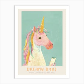 Pastel Unicorn On A Smart Phone Storybook Style Poster Art Print