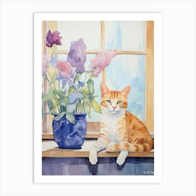 Cat With Calla Lily Flowers Watercolor Mothers Day Valentines 3 Art Print