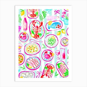 La Dolce Vita Master Chef Summer Dishes colourful Sketch seafood pasta blue stripes Art Print