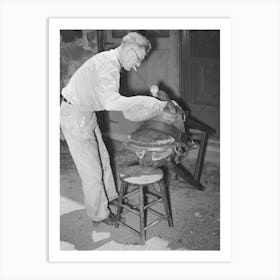 Applying Pressure By Means Of Sandbags To Glued Leather In Saddle Repairing Shop, Alpine, Texas By Russ Art Print