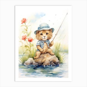 Fishing Watercolour Lion Art Painting 2 Art Print
