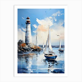 Calm Water Sailboats And Lighthouse 4 Art Print