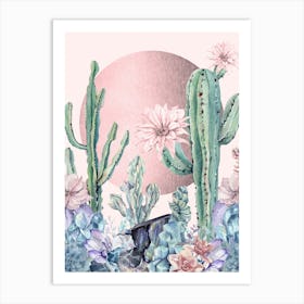 Watercolor Cactus Rose Gold Desert Sunset Art Print