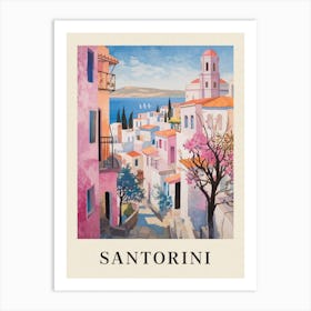 Santorini Greece 3 Vintage Pink Travel Illustration Poster Art Print