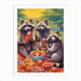Raccoon Family Picnic Pop Art 1 Art Print