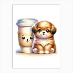 Cute Puppy With Coffee Cup Art Print