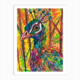 Naive Art Peacock Felt Tip Portrait Art Print