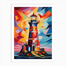 Lighthouse Tower at Sunset IV, Avant Garde Vibrant Colorful Painting in Cubism Picasso Style Art Print