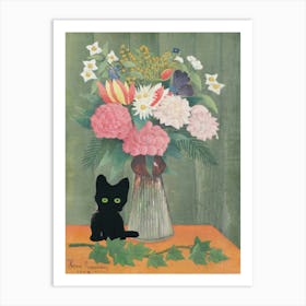 Flowers In A Vase, Henri Rousseau  Inspired Still Life Cat Art Print