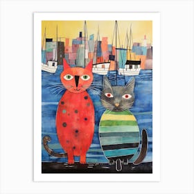 Two Abstract Cats Watching Over The Docks Art Print