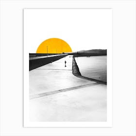 Black & White Pier With Yellow Sun Art Print