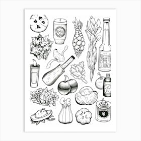 Fruits And Vegetables Black And White Line Art 2 Art Print