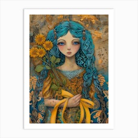 Blue Girl With Sunflowers Art Print