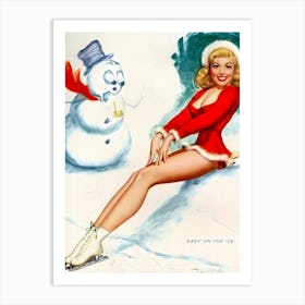 Pinup Ice Skating Girl with Amazed Snowman Art Print