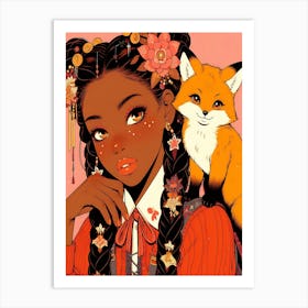 Pretty Anime Girl with Fox 2 Art Print