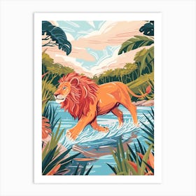 African Lion Crossing A River Illustration 1 Art Print