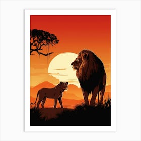 African Lion Sunset Silhouette 4 Art Print