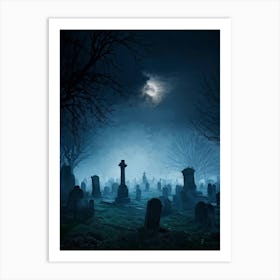 Halloween Themed Digital Painting Mist Weaving Through An Ancient Cemetery Under A Clouded Moonlit (2) Art Print