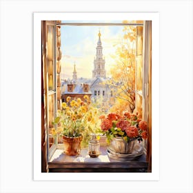 Window View Of Riga Latvia In Autumn Fall, Watercolour 2 Art Print