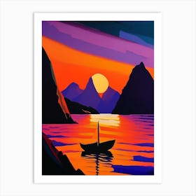 Boat And Mountain Sunset Art Print