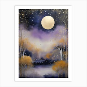 Cosmic Fall Night،
An ethereal boho painting that captures the beauty of a fall night sky. The background is a deep navy, speckled with tiny stars, while the foreground features silhouettes of autumn trees in shades of charcoal and dark olive. The moon is painted in a glowing silver, surrounded by soft wisps of mist in pale gold and lavender.
.15 Art Print