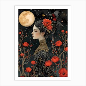 Chinese Girl in the flower field by night Art Print