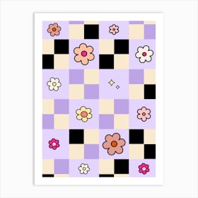 Checkerboard Daisies Lilac Flower Check Art Print