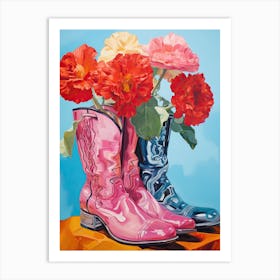 Oil Painting Of Pink And Red Flowers And Cowboy Boots, Oil Style 12 Art Print