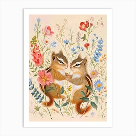 Folksy Floral Animal Drawing Chipmunk 4 Art Print