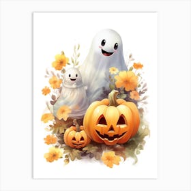 Cute Ghost With Pumpkins Halloween Watercolour 160 Art Print