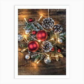 Christmas Decorations On A Wooden Table Art Print