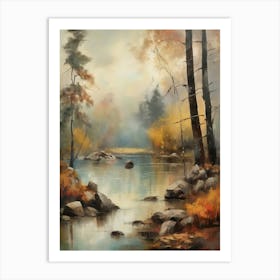 Autumn Lake,Forest Lake, Vintage Oil Painting, Farmhouse Wall Decorations, Antique Landscape, Vintage Landscape Oil Painting.4 2 Art Print