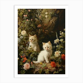 Two White Kittens In The Flowers Art Print