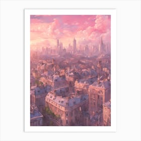 London Rooftops Pink Studio Ghibli Style Clounds Happy Evening Sunset Chill Art Print