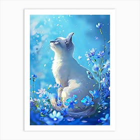 Cat In Blue Flowers 1 Art Print