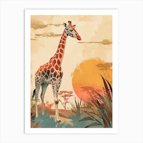 Giraffe In The Sunset Textured Illustration Art Print