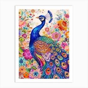 Peacock Maxmalism Floral Portrait 1 Art Print