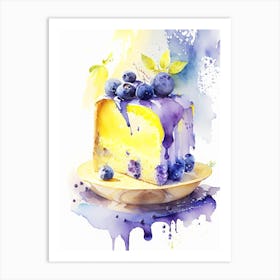 Lemon Pound Cake With Blueberry Sauce Dessert Storybook Watercolour 1 Flower Art Print