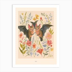 Folksy Floral Animal Drawing Bat Poster Art Print
