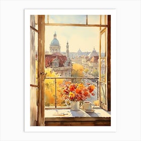 Window View Of Belgrade Serbia In Autumn Fall, Watercolour 3 Art Print