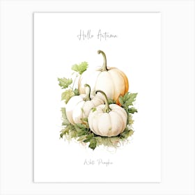 Hello Autumn White Pumpkin Watercolour Illustration 2 Art Print