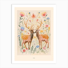 Folksy Floral Animal Drawing Elk 2 Poster Art Print