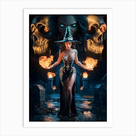 Sexy Beautiful Witch with Fireballs Painting #7 Art Print