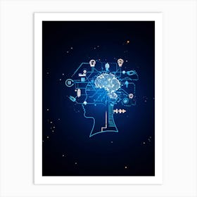 Abstract Concept Art Of A Silhouetted Head Outlined Against A Backdrop Of Light Bulbs And Gears Sym (4) Art Print