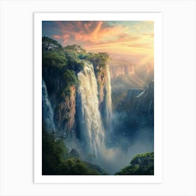 A Gigantic Waterfall In An Impressive Landscape, Beautiful Natural Colors, Mysterious Light, Beautiful Nature Scenery, Anime Style Poster