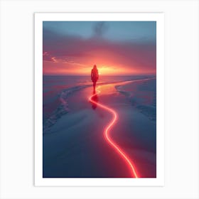 Person Walking On The Beach At Sunset Art Print